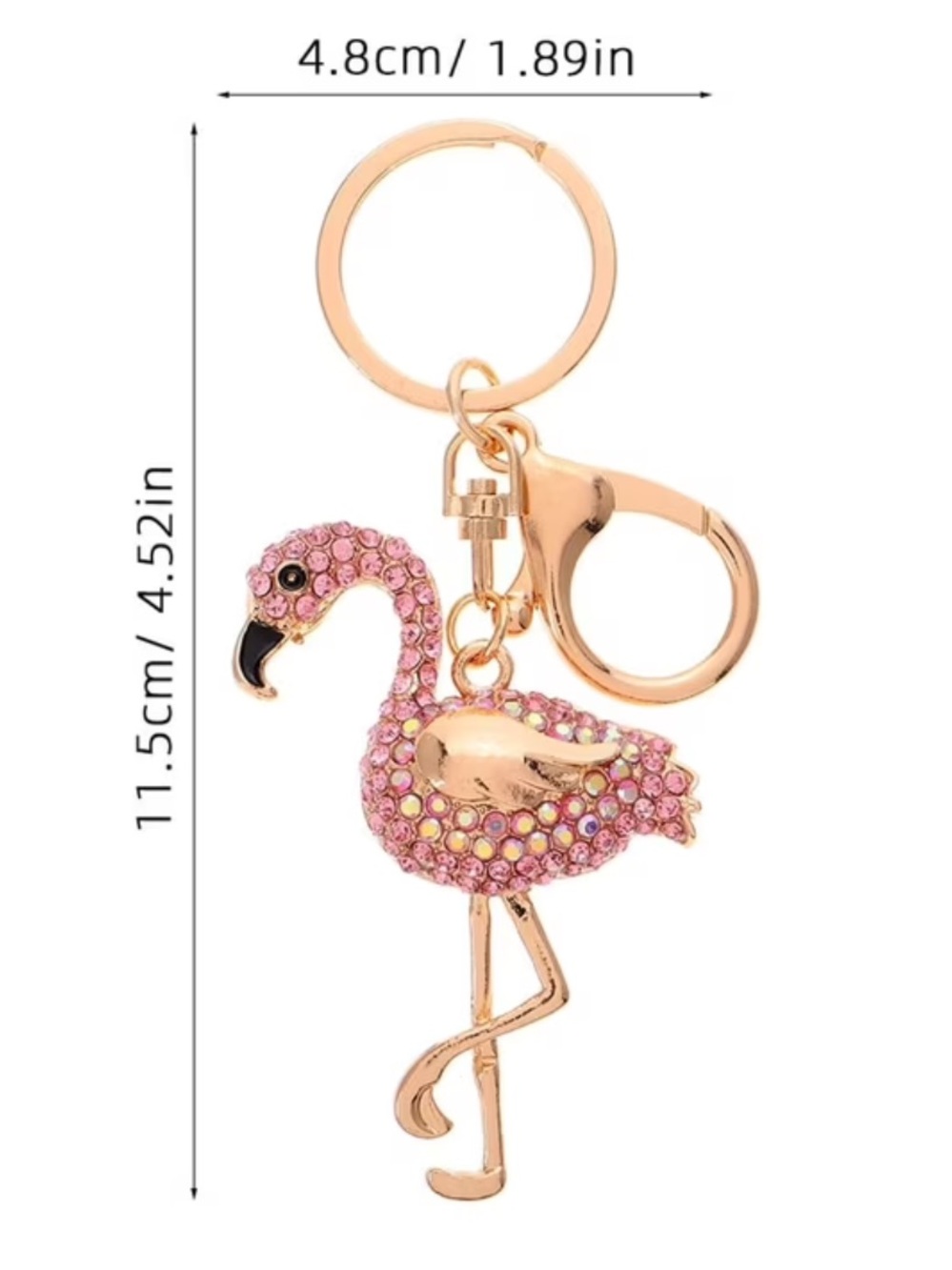 Flamingo Rhinestone Keychain in Pink & Gold Durable Zinz Alloy. Bag charm access